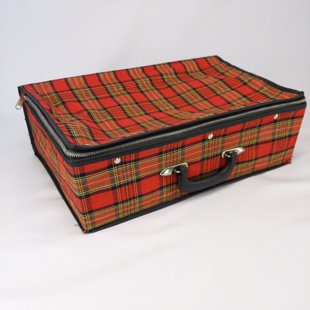 Vintage 60s/70s Suitcase Red Plaid Folding Collapsible Travel Bag Carry On